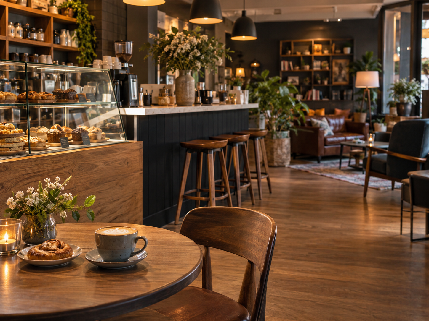 Illustrative image of a warm cafe with coffee and pastries